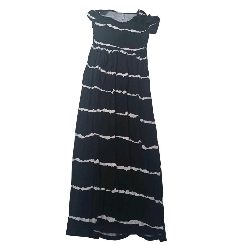 VIISHOW Long Maxi Dress Womens M Black White Stripe Jersey Elastic Waist Knit‎